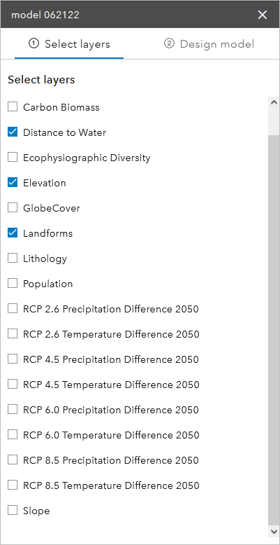 Select layers tab in the GeoPlanner Modeler tool Select layers tab in the GeoPlanner Modeler tool